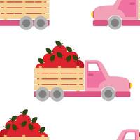 Seamless pattern with pink trucks with red apples. Fruit truck delivery vector