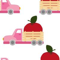 Seamless pattern with pink trucks with red apples. Fruit truck delivery vector