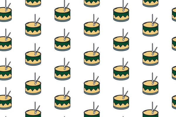 Seamless pattern with grunge textured drums on White backdrop. For background, textile, wallpaper, wrapper, children apparel. Seamless Template with Musical Instrument in flat and Linear style