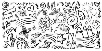 Hand drawn marker simple elements set. Doodle pen signs and effects. Simple thunderbolt, star, glitter, icons, heart, floral objects. Decorative pencil curved symbols and shape. vector