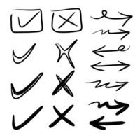 Check mark icon in hand drawn style. Handmade doodle illustration on isolated background. vector