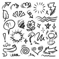 Sketch line cute element, star, heart shape. Hand drawn doodle sketch style heart, sun, star element set. Arrow, star glitter, heart text decoration symbol. vector
