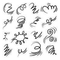 Doodle wind line sketch set. Hand drawn doodle wind movement, air blowing, vortex elements. Sketch of air blowing movement, abstract lines vector