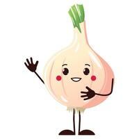 Onion character, neutral emotion, greeting, cute veggie with hands and foots kawaii style. Isolated illustration on white background. Design for logo, print or element in kitchen design vector