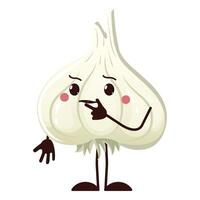 Thoughtful character, cartoon garlic with an emotional thinking face. illustration isolated element on white background. Design for food business or print vector
