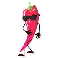 Chili Red pepper character with sunglass and cool emotion. Hot spicy pepper. Cool mascot vegetable isolated on white. element for print or web vector