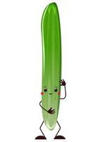 Long green cucumber. cheerful friendly character in form a cucumber. illustration. vegetable element for design and print. Bright isolated illustration on white background vector