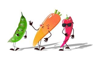 Cool vegetable funny characters. Singing carrot, pepper with glasses and funny peas. illustration for printing and use in the design of various elements and objects vector