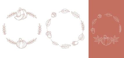 Fall Frames with acorns and leaves. Fall leaf outline isolated on white. Autumn leaves line art. Leaf Line Art Illustration Hand Drawn. Fall Coloring Page with Leaves. vector