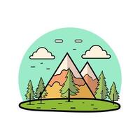 Simple Illustration Depicting A Mountain With Trees On The Ground, Clouds In The Sky, Using A Flat Color vector