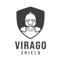 Illustration of a Female Warrior wearing a Helmet and Armor, protected by a shield can be used for Defense, Security Logos vector