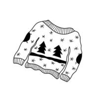 cute, cozy Christmas knitted sweater with Christmas trees in the doodle style. A sweater in a black outline is suitable for stickers, postcard design, and an icon vector