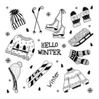 set of icons with winter scribbles. Collection of winter illustrations. A hand-drawn snow banner in a linear style. For postcards, stickers, scrapbooking, icons with skis, skates, sweaters. vector