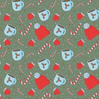 Seamless Christmas pattern with a hat, lollipop, cup of cocoa, mittens, snowflakes on a green background. For wrapping paper, cover, textiles, background, cover, banner. vector