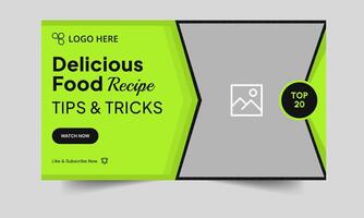 Delicious food recipe tips and tricks thumbnail banner design, food cover banner design, fully customizable eps 10 file format vector