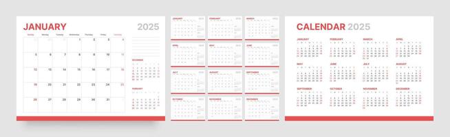 Monthly calendar template for 2025 year. Wall calendar in a minimalist style. Week Starts on Sunday. vector