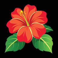 A red flower with green leaves on a black background vector