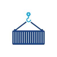 A blue icon of a crane holding a container vector