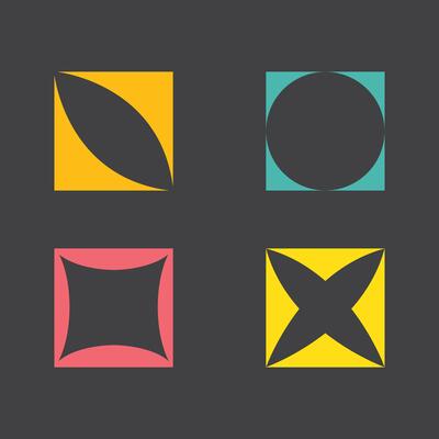 Four different shapes in different colors on a gray background