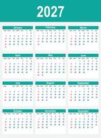 2027 Calendar. Week start on Sunday. calendar 2027 design, simple and clean design, Wall calendar for print, digital calendar, Corporate design planner template . vector