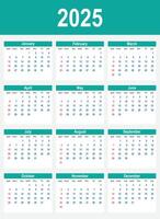 2025 Calendar. Week start on Sunday. Desk calendar 2025 design, simple and clean design, Wall calendar for print, digital calendar, Corporate design planner template . vector