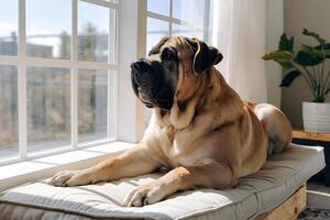 Mastiff resting in a sunny window, enjoying warm rays photo