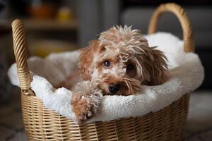 Toy Poodle rests in basket, cozy and warm photo
