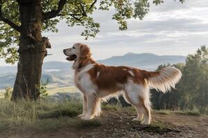 Majestic Golden Retriever standing on hilltop, overlooking beautiful landscape photo