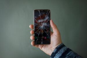 Hand holding smartphone with cracked screen, muted green background photo
