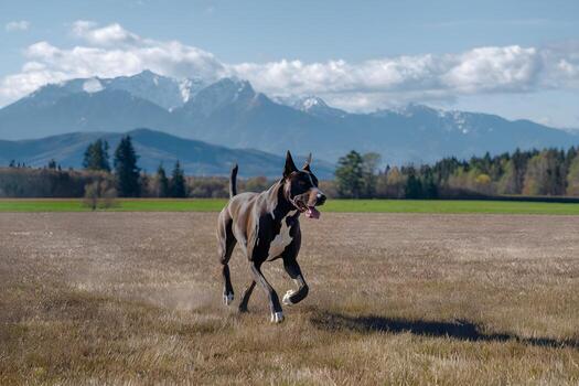 Great Dane runs through open field, moving fluidly with powerful legs photo