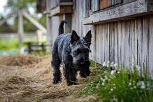 Scottish Terrier explores barnyard, curiosity shining amidst rustic surroundings photo