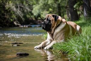 Mastiff relaxing by a cool shaded stream in serene comfort photo