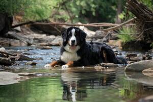 Bernese Mountain Dog resting by a peaceful stream in serene surroundings photo