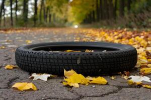 Bicycle tire on paved path, autumn leaves scattered, blurred forest background photo