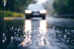 Closeup of wet road during rain, droplets reflecting light, blurred car headlights photo