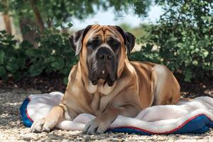Mastiff resting on a soft blanket in the shade with comfort photo