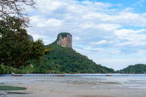 view of a serene beach after low tide with a rocky mountain covered in greenery in the background photo