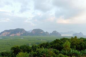 Scenic view of lush green forest with rugged mountains under cloudy skies. Idyllic nature landscape showcasing vibrant greenery and dramatic mountain formations. Perfect for nature and travel themes photo