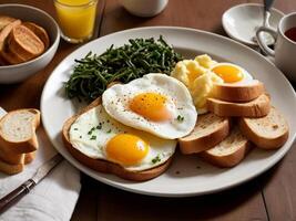 A hearty breakfast platter with eggs poaches, bread, and toast image photo