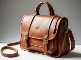 A stylish leather school bag with detailed stitching, placed on a white background photo