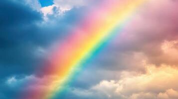 A rainbow is seen in the sky above a cloudy day photo