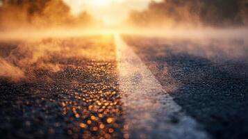 The foggy road is lined with trees and the sun is setting photo