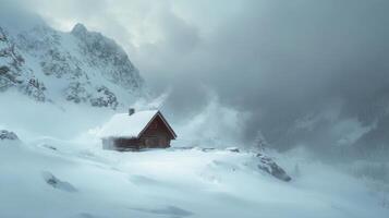 A small cabin is nestled in the snow on a mountain photo