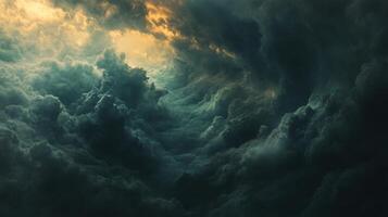 The sky is dark and cloudy, with a few rays of sunlight peeking through photo