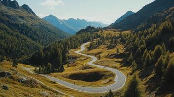 A winding road in the mountains with trees on both sides photo