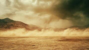 A desolate desert landscape with a storm brewing in the distance photo