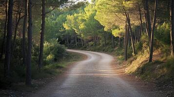 A road in the woods with trees on both sides photo