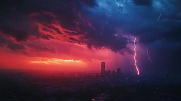 A city skyline is lit up by a bright red and orange sky photo