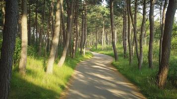 A winding road through a forest with trees on both sides photo