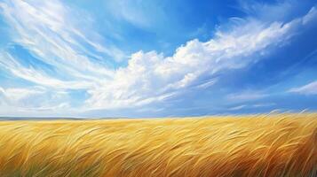 A painting of a field of tall grass with a blue sky in the background photo